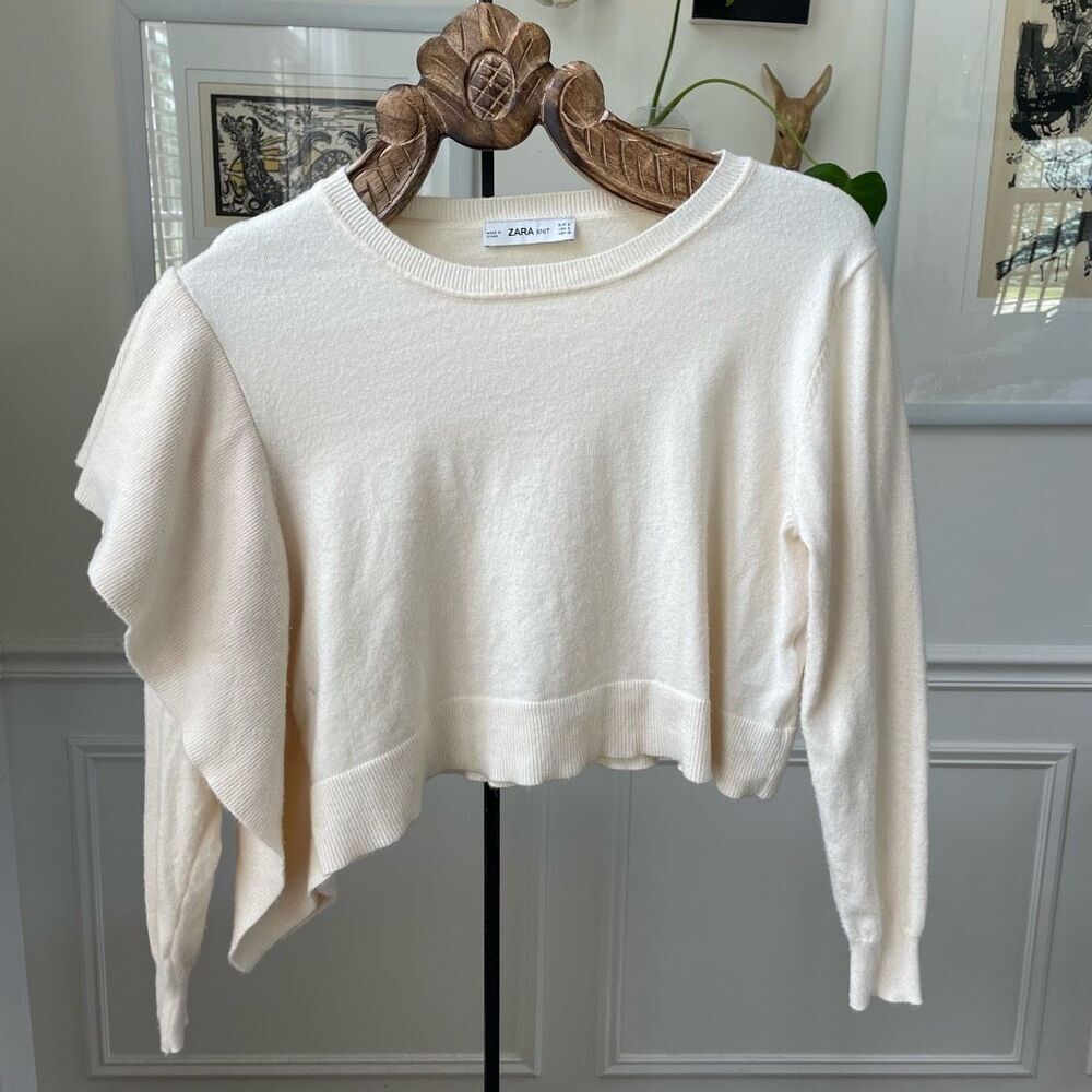 Zara Vanilla Side Ruffle Knit Crop Top Sweater S